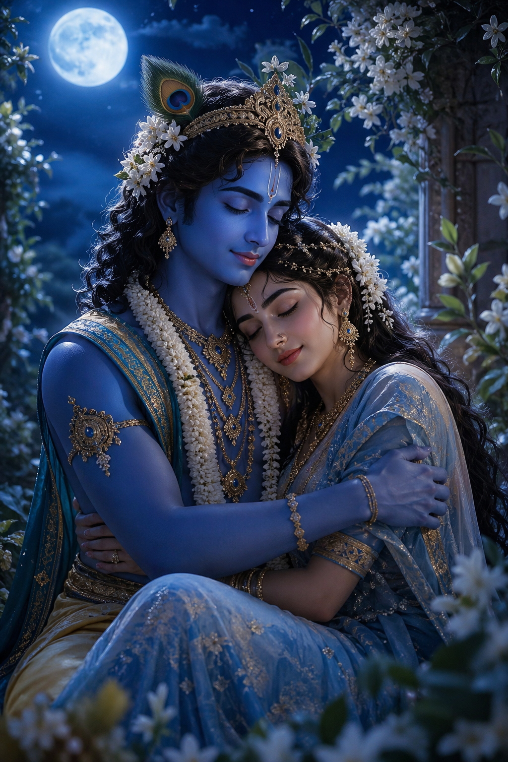 Krishna holding Radha close in moonlit jasmine garden with eyes closed in divine love — romantic HD wallpaper